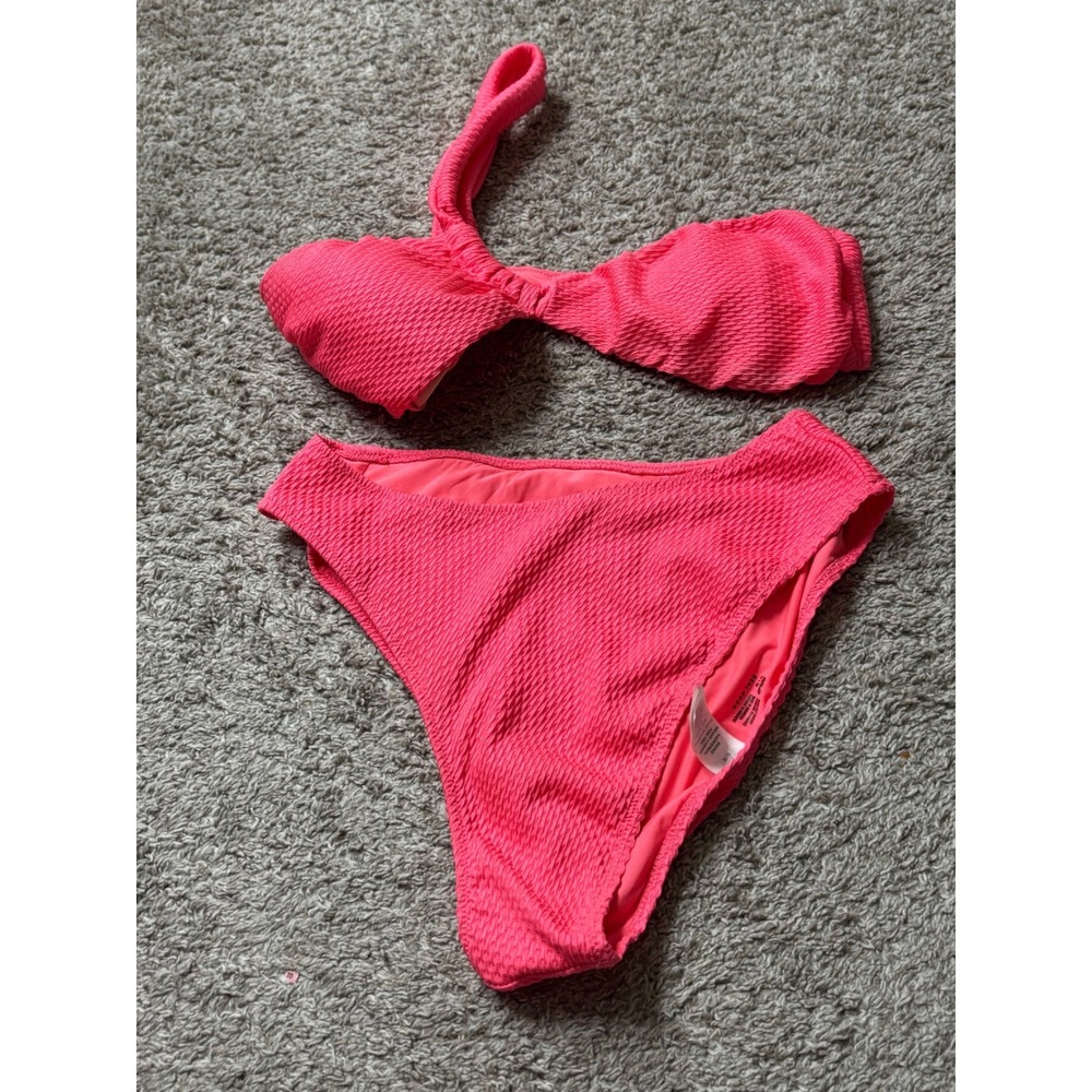 Aerie Real Good Neon Pink Textured One Shoulder Bikini Set High Cut Cheeky M
